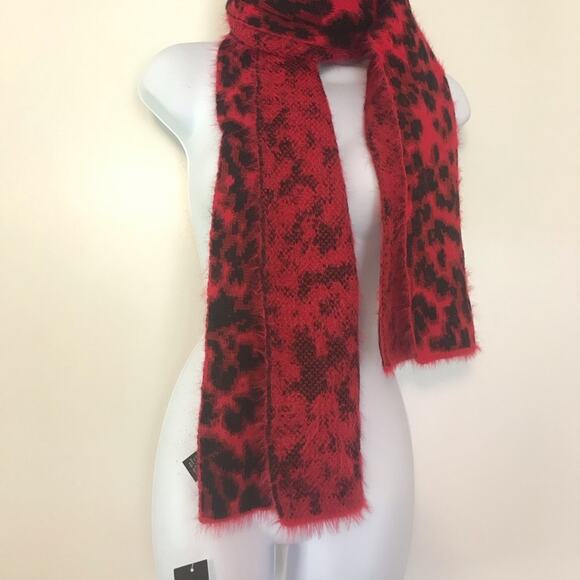 DKNY Fuzzy Leopard Animal Print Red Scarf Black L:63”W:12” - Picture 2 of 6